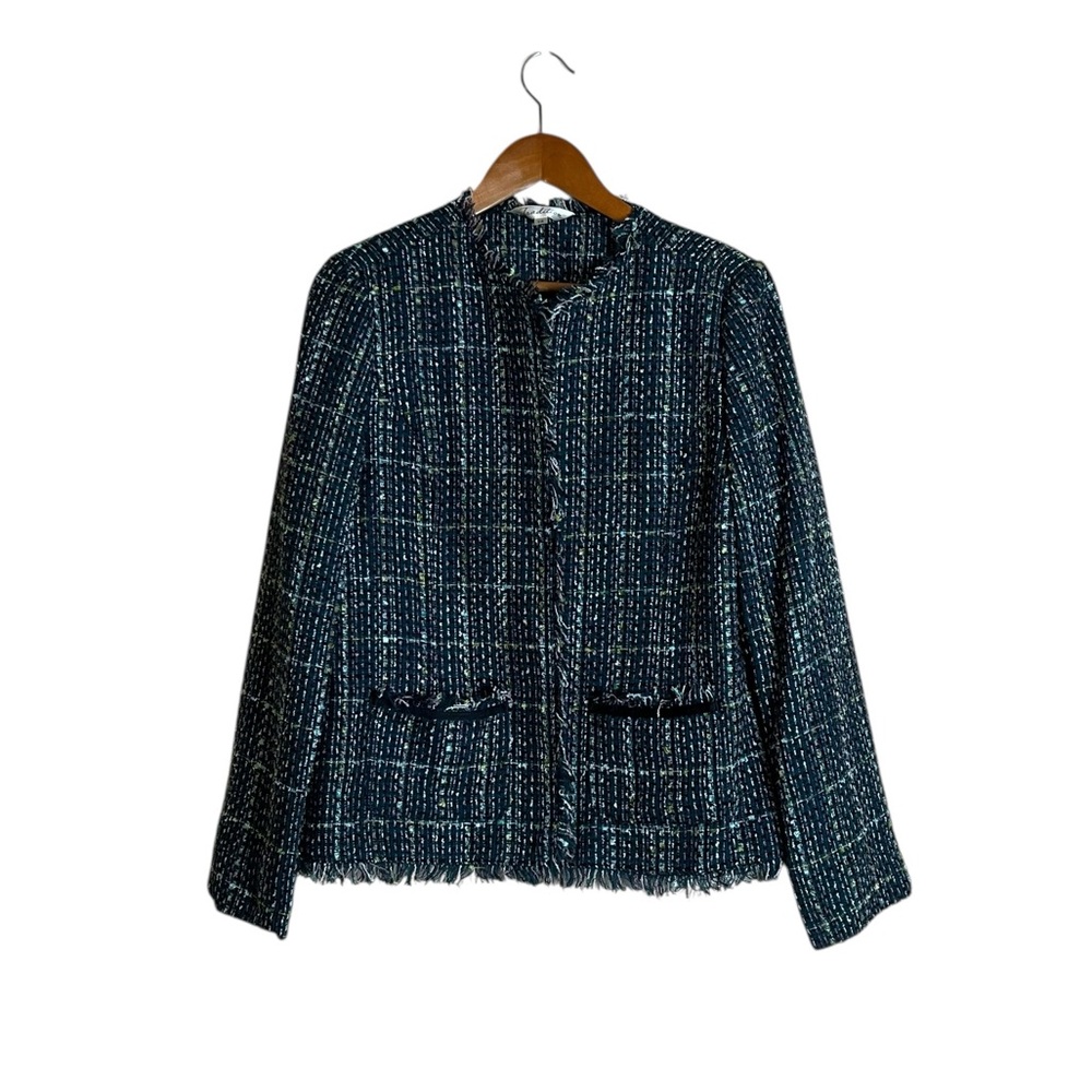 Tweed Collarless Blazer - Green/Blue Multi